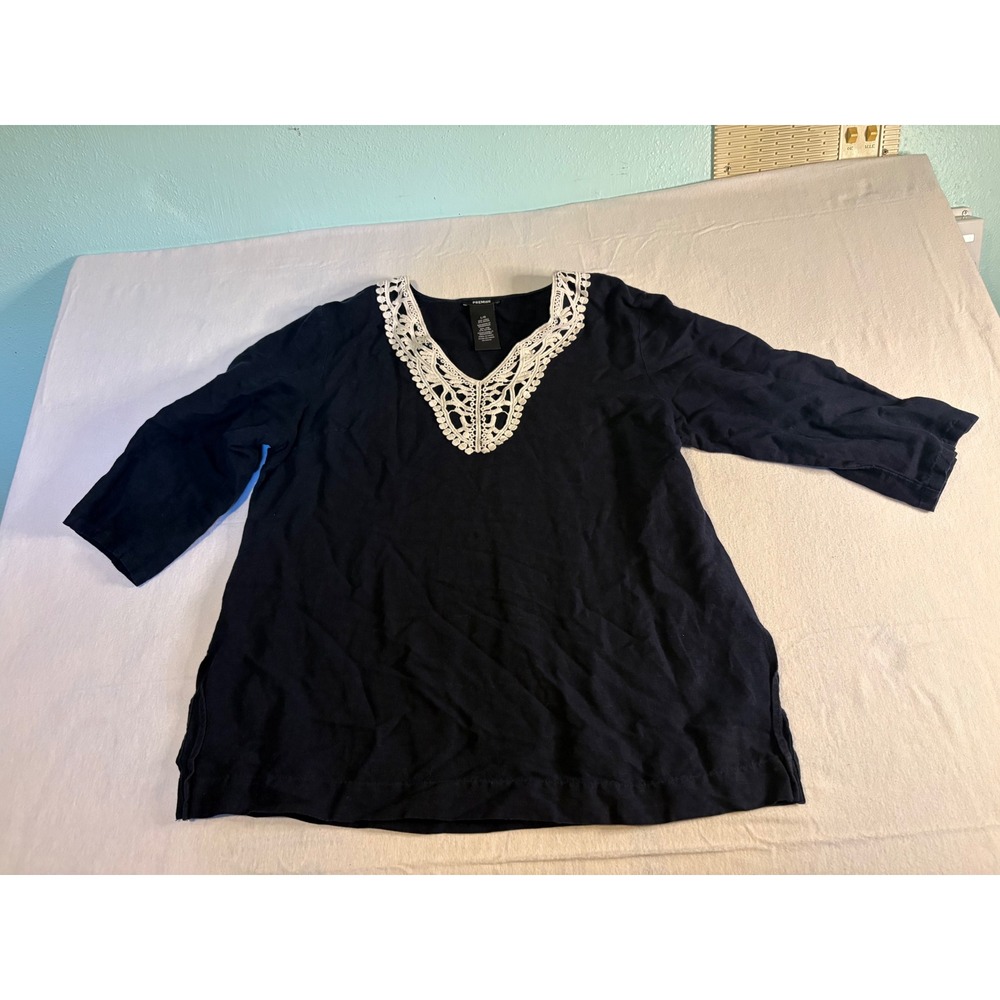 Premise Navy Blue Linen Blend Crochet Lace V-Neck Blouse 3/4 Sleeve Large 1311
